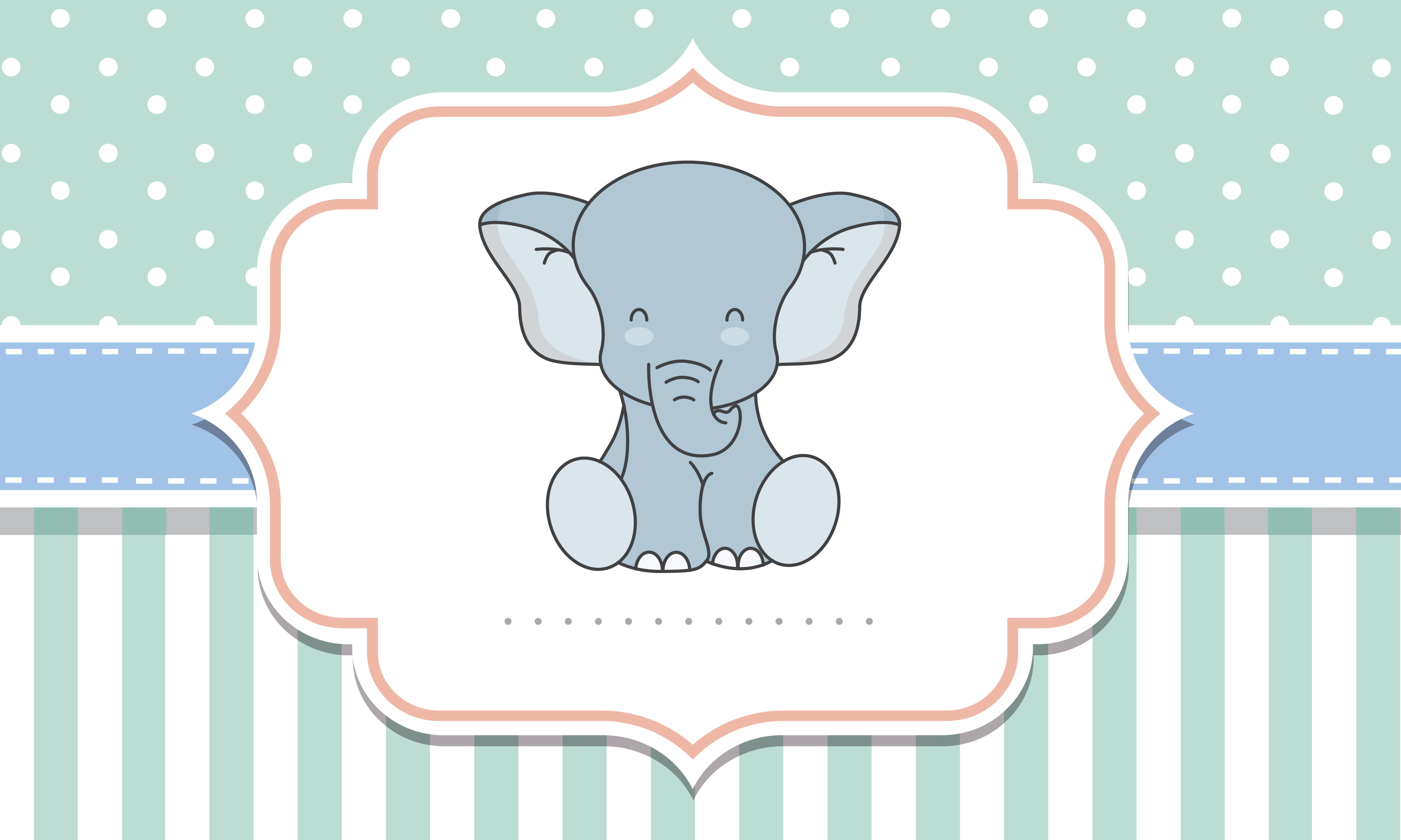 Cartoon element on a green and blue striped and polka dot background