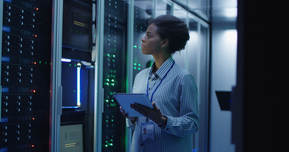 woman works in data center